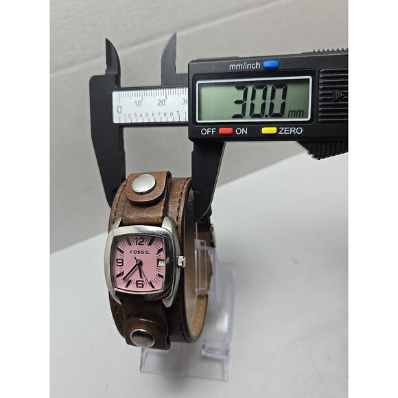 Fossil JR 8516 Pink Dial Date Womens Quartz Watch Brown Leather Cuff New Battery - Picture 6 of 11